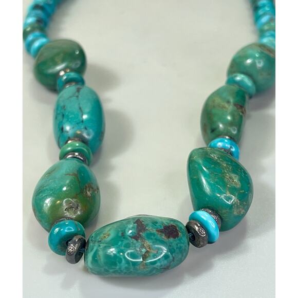 VTG Southwest Carved Heishi Turquoise Bead Necklace Sterling 925 Spacers 80.8g - Picture 9 of 16